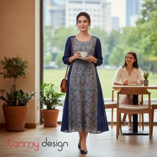 Silk/linen dress with pleated side panels110cm
